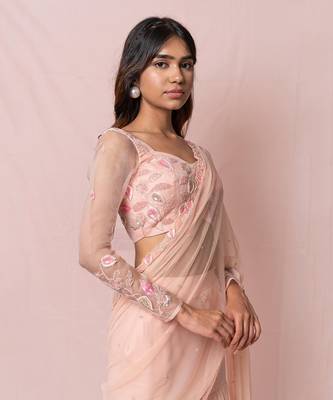 Annika Pink Georgette Three Tired Skirt With Draped Saree 2