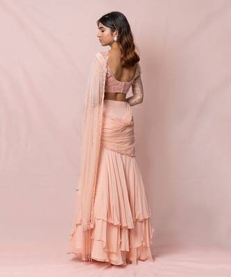 Annika Pink Georgette Three Tired Skirt With Draped Saree 3