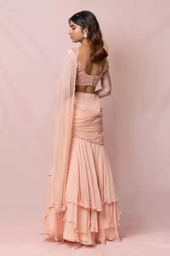 Annika Pink Georgette Three Tired Skirt With Draped Saree