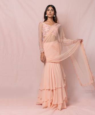 Annika Pink Georgette Three Tired Skirt With Draped Saree 4