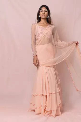 Annika Pink Georgette Three Tired Skirt With Draped Saree