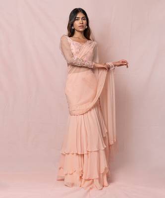 Annika Pink Georgette Three Tired Skirt With Draped Saree 5