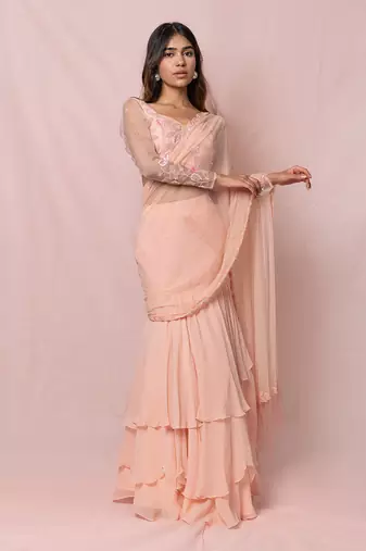 Annika Pink Georgette Three Tired Skirt With Draped Saree