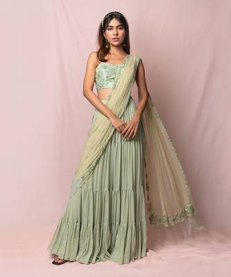 Meredith Pistachio Layered Skirt Saree Set 1