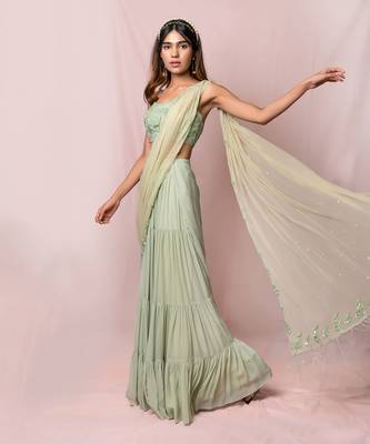 Meredith Pistachio Layered Skirt Saree Set 4