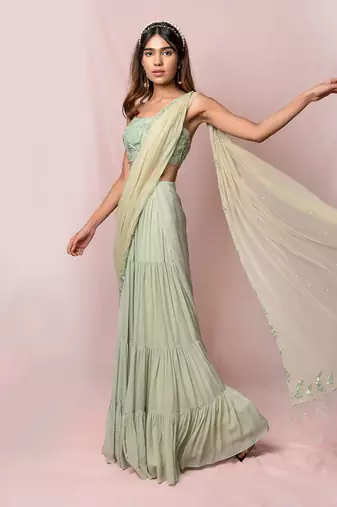 Meredith Pistachio Layered Skirt Saree Set