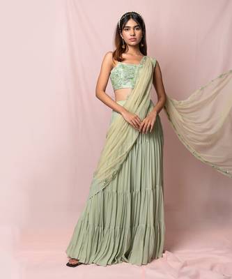 Meredith Pistachio Layered Skirt Saree Set 5