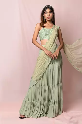 Meredith Pistachio Layered Skirt Saree Set