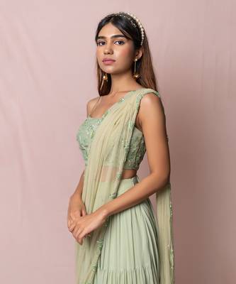 Meredith Pistachio Layered Skirt Saree Set 6