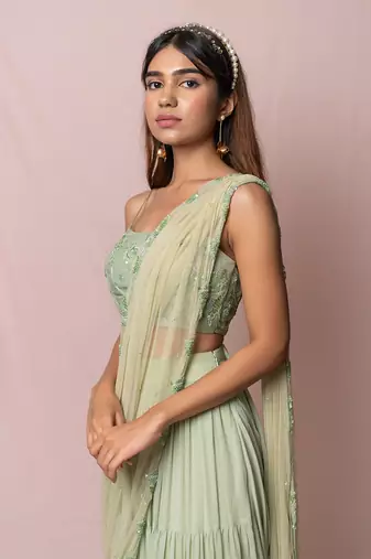 Meredith Pistachio Layered Skirt Saree Set