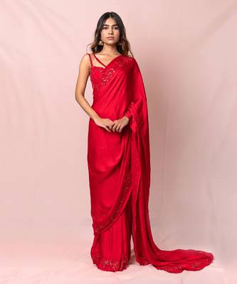 Cherie Red Satin Georgette Red Saree 1