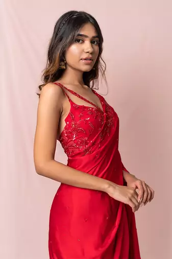 Cherie Red Satin Georgette Red Saree