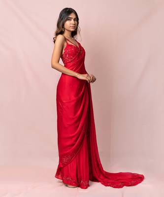 Cherie Red Satin Georgette Red Saree 4