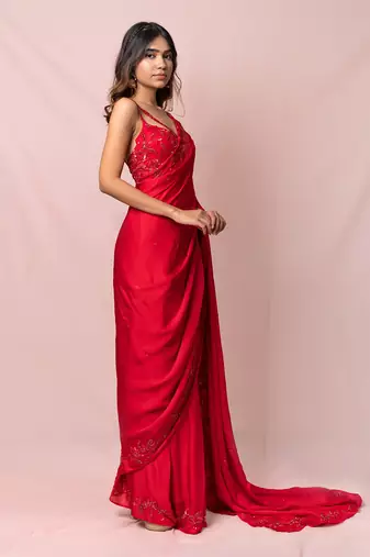Cherie Red Satin Georgette Red Saree