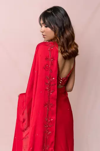 Cherie Red Satin Georgette Red Saree