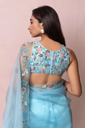 Mira Blue Organza Saree Set