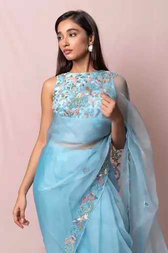 Mira Blue Organza Saree Set