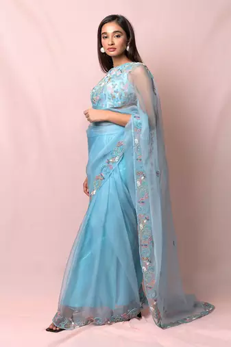 Mira Blue Organza Saree Set
