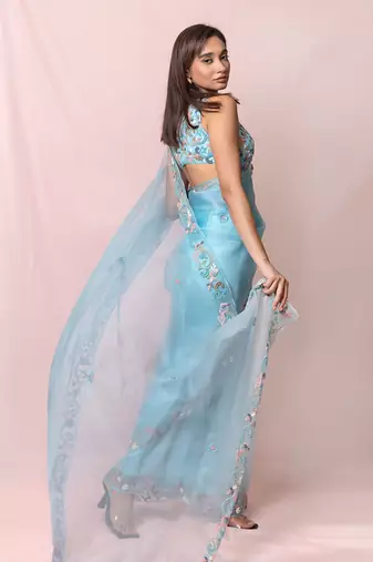 Mira Blue Organza Saree Set