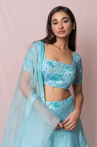 Blue Amelia Satin Organza Skirt Set