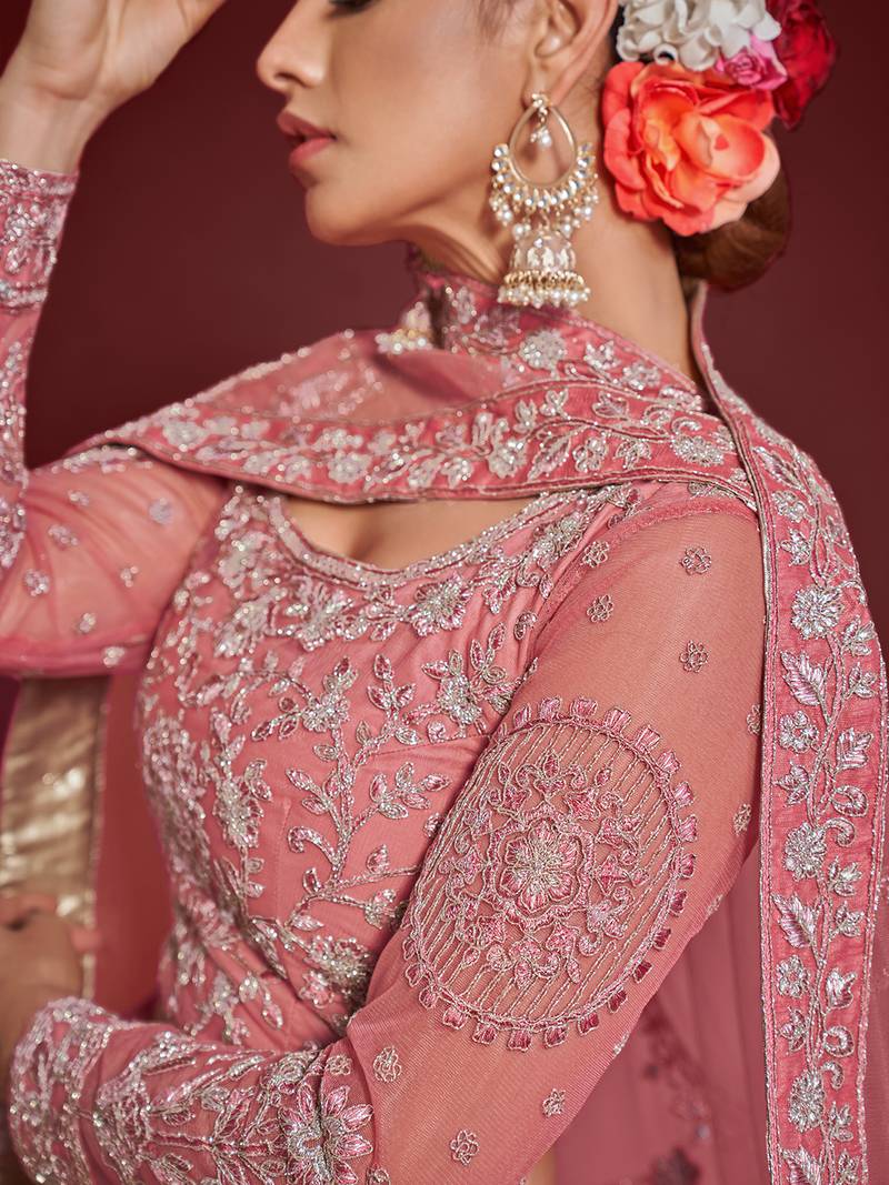 Glamorous Rose Pink Embroidered Net Wedding Wear Lehenga Choli  