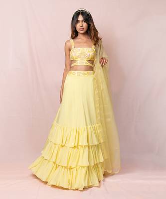 Madeline Yellow Flat Chiffon Lehenga Set 1