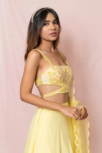 Madeline Yellow Flat Chiffon Lehenga Set