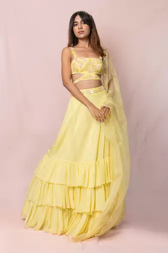 Madeline Yellow Flat Chiffon Lehenga Set