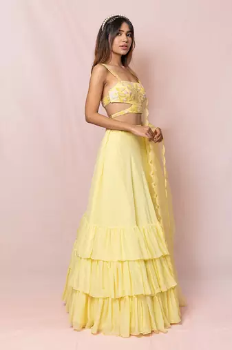 Madeline Yellow Flat Chiffon Lehenga Set