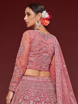 rose pink embroidered net lehenga set choli with dupatta 8