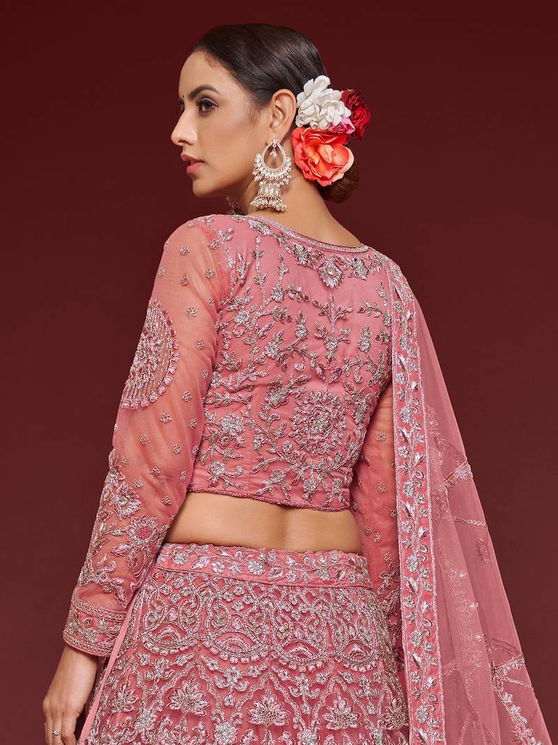 Glamorous Rose Pink Embroidered Net Wedding Wear Lehenga Choli  