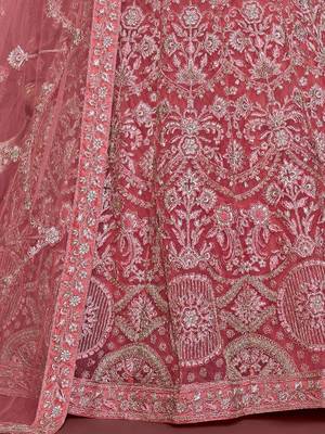 rose pink embroidered net lehenga set choli with dupatta 9