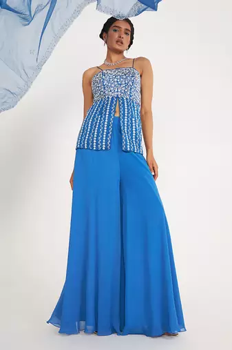 Grace Blue Sharara Set With Embroidered