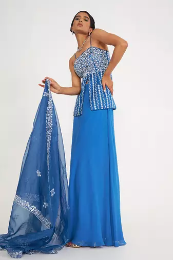 Grace Blue Sharara Set With Embroidered