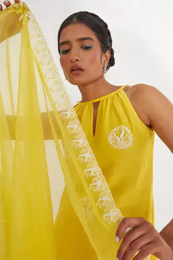 Ava Lemon Kurta Set With Emroidered