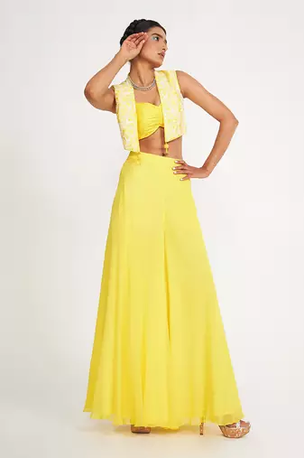 Clara Lemon Sharara Set With Embroidered