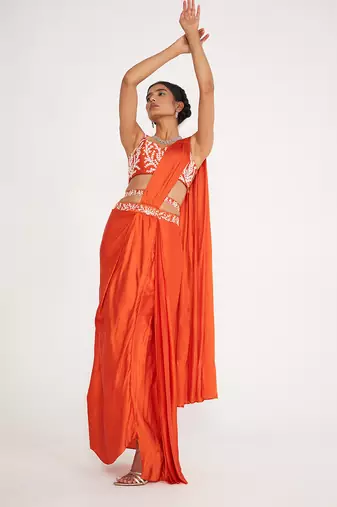 Lune Orange Pre Drape Saree With Embroidered