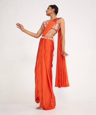 Lune Orange Pre Drape Saree With Embroidered 1