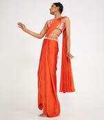 Lune Orange Pre Drape Saree With Embroidered
