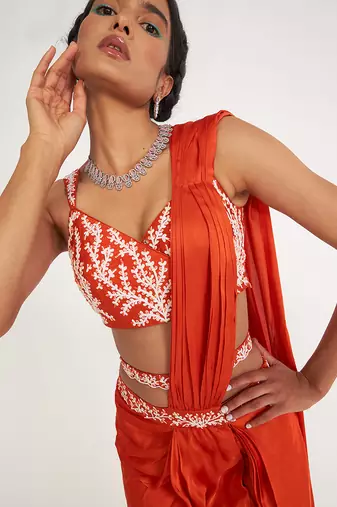 Lune Orange Pre Drape Saree With Embroidered