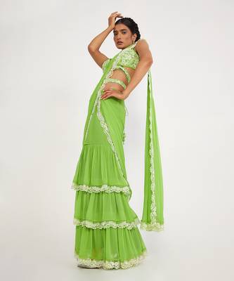 Stella Parrot Green Tiered Saree 1