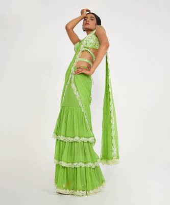 Stella Parrot Green Tiered Saree 2
