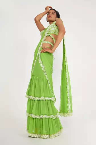 Stella Parrot Green Tiered Saree