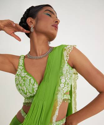 Stella Parrot Green Tiered Saree 4