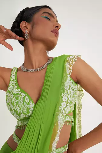 Stella Parrot Green Tiered Saree