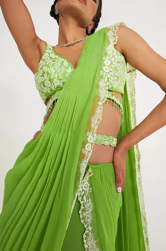 Stella Parrot Green Tiered Saree