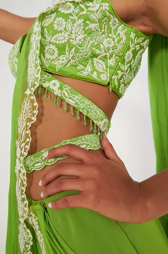 Stella Parrot Green Tiered Saree