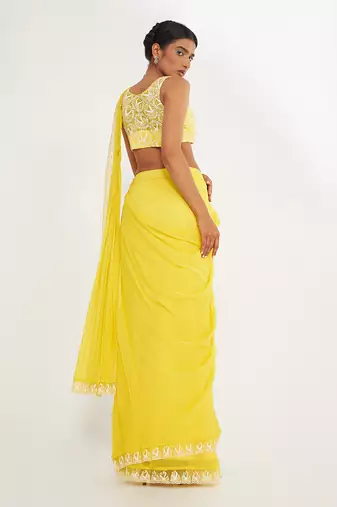 Olivia Lemon Pre Drape Saree With Embroidered