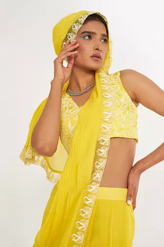 Olivia Lemon Pre Drape Saree With Embroidered