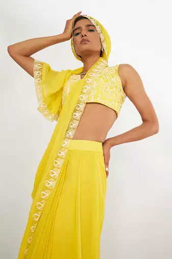 Olivia Lemon Pre Drape Saree With Embroidered